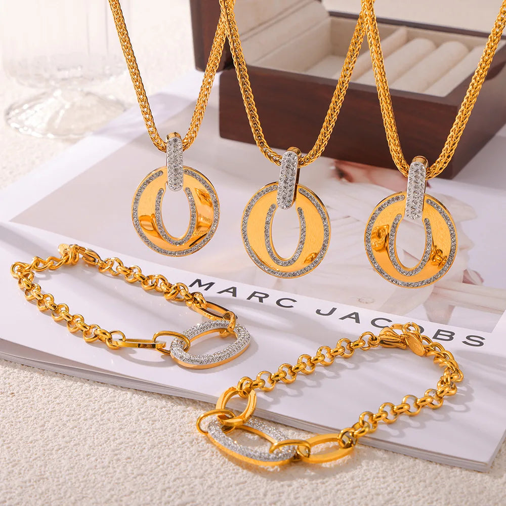 Luxus Strass Runder Anhänger Halskette - Edelstahl Goldplattiert Armband Schmuck Set - Damen Hochzeit Accessoires