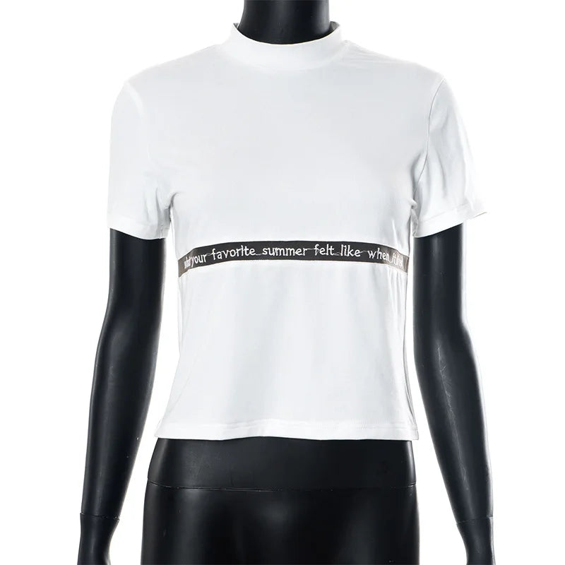 White T Shirts For Women Streetwear Letters Tshirt Hollow Out Crop Top Y2k Clothes Short Sleeve Ropa De Mujer Slim Fit Camisetas
