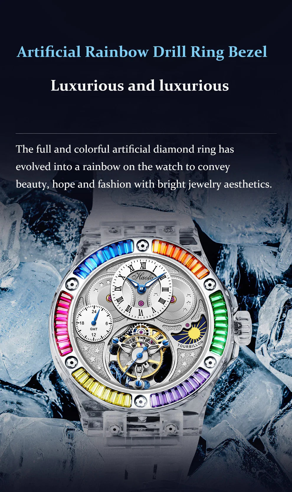 Haofa k9 watermelon crystal watch luxury skeleton tourbillon watch sapphire glass