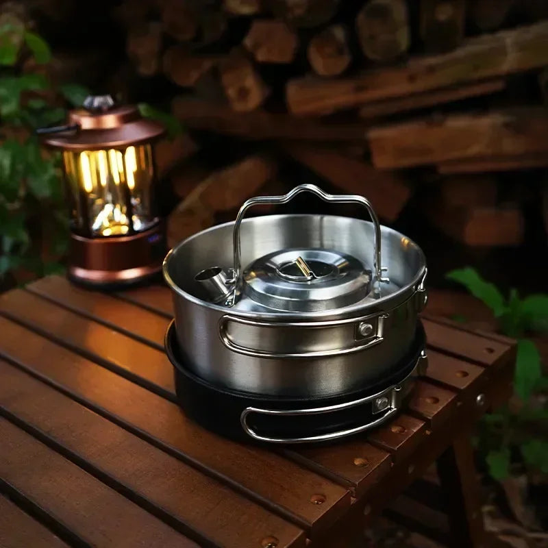 New Set 4pcsOutdoor Stainless Steel Pot Set Camping Family Pot Set 1L Portable Picnic Soup Pot Frying Steaming Household Camping