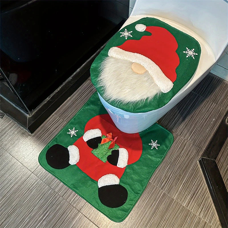 Santa Toilet Seat Cover Set 2PC, Christmas Bathroom Decor Santa on The Toilet Seat Cover and Mat for Xmas