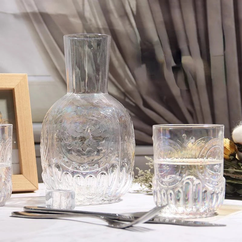 Glass Embossed Cold Water Kettle Set, European Style, Vintage Water Cooler, Household Kettle, Five Piece Water Set