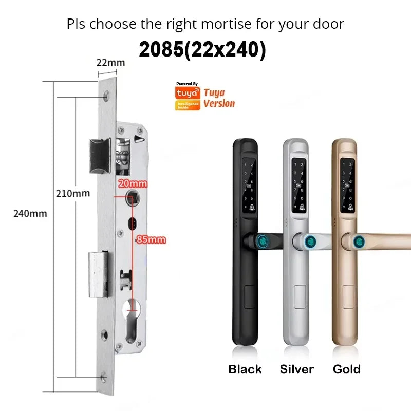 92/85mm Wasserdichter Outdoor-Fingerprint-TUYA-WIFI-APP-RFID-Karten-Code-Schlüssellos-Smart-Elektronischer-Türschloss-Aluminium/Glas-Schiebe