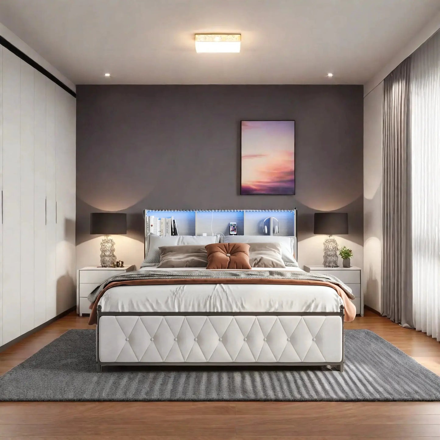 Polsterbett 180x200 cm Mit Stauraum Und LED USB Beleuchtung