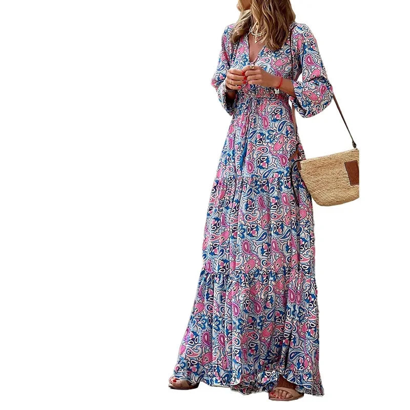 Elegant Women's Flower Long Dresses 2025 Spring New Bohemian Printed Dress Abıye Kadın Abiye Платье Robe Ete Femme Vestidos