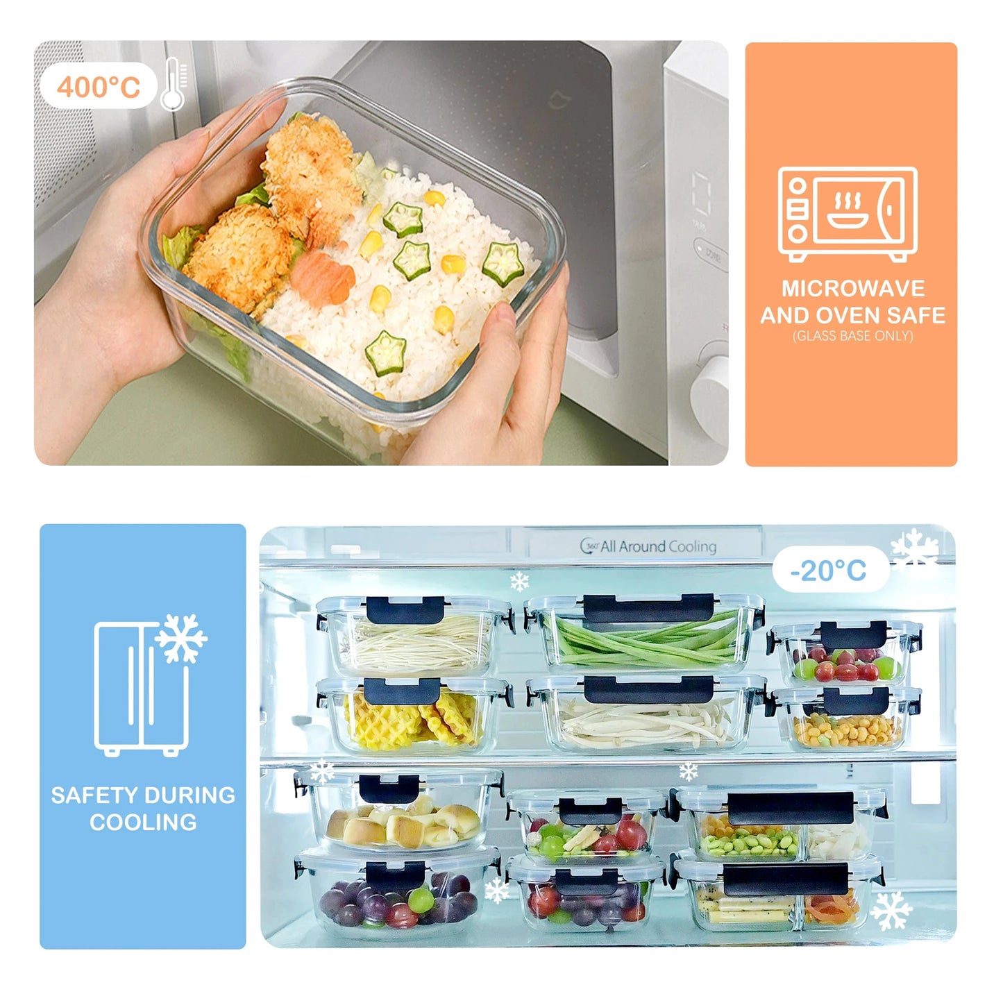 800ml Quadratische Glas-Lunchbox, Mikrowellen- & Ofenfest, Auslaufsichere Luftdichte Bento-Box Aufbewahrungsbehälter, Tragbar für Unterwegs