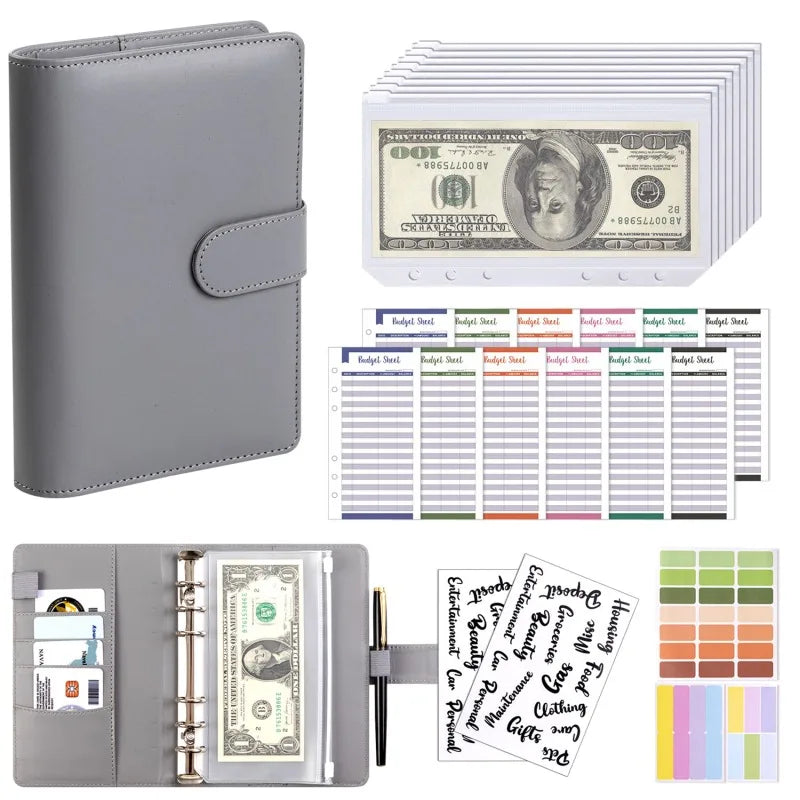PU Leather Notebook Binder Budget Saving Money Planner Money Organizer for Cash Savings Zipper Envelope Pockets Stickers