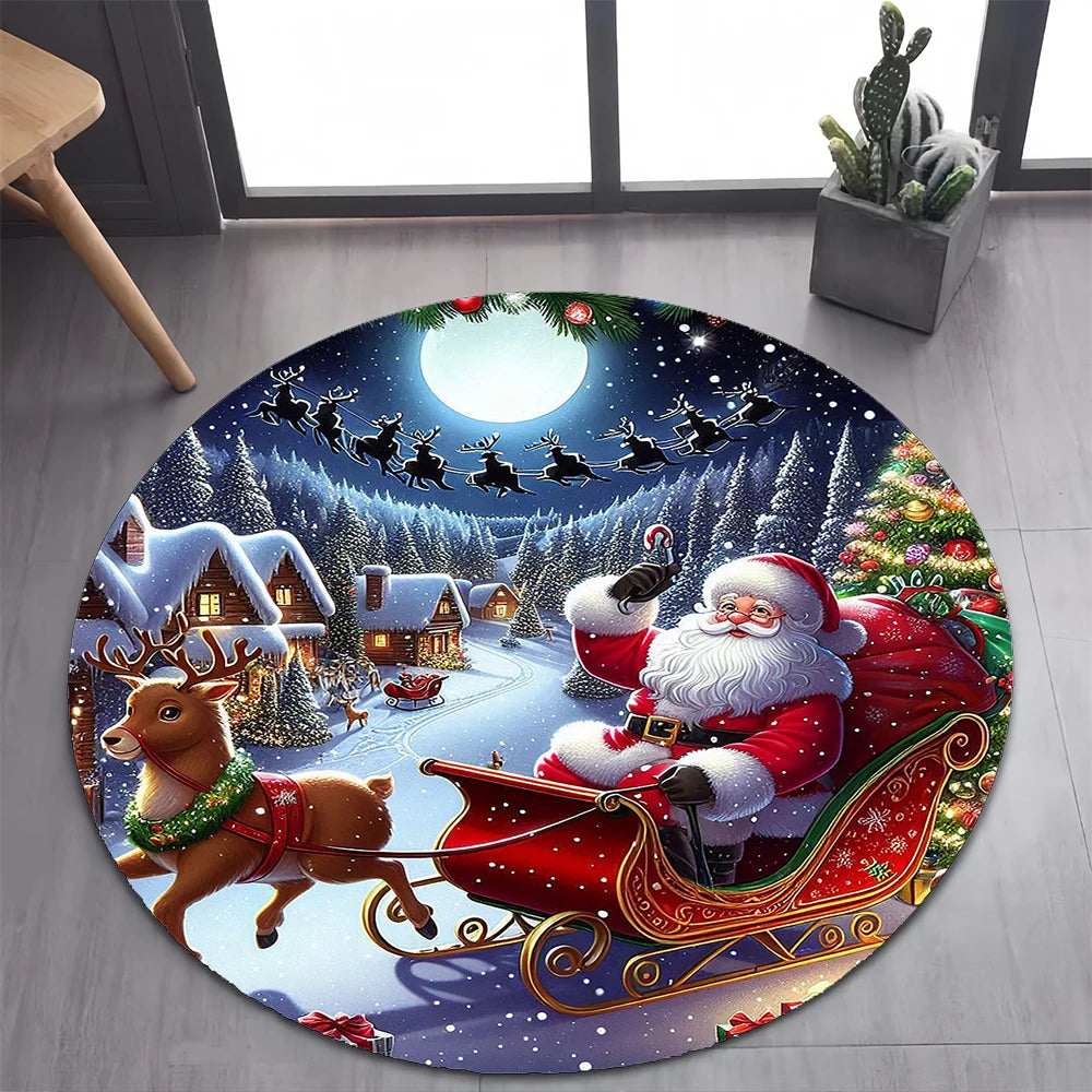 Cute Santa Claus Merry Christmas Tree Cartoon Festival Gift Round Carpet Rug for Bedroom Living Room Decoration,Decor Floor Mat
