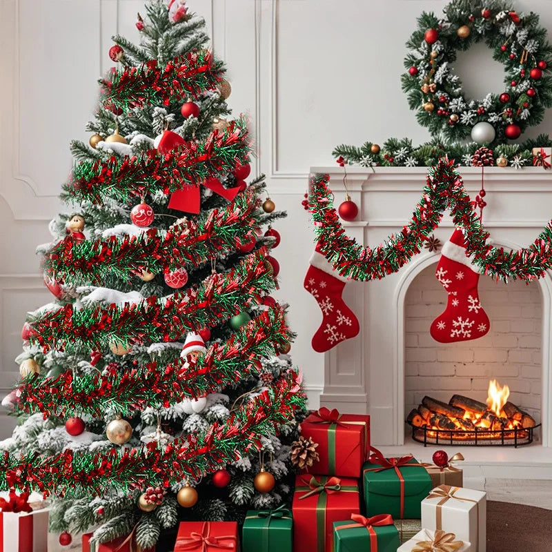 5/10er-Pack 78,74 Zoll Weihnachtsbaum-Hängegirlande, Weihnachtsgirlande, rotes und grünes Lametta, Bandornamente, Urlaub, Zuhause, Partyzubehör
