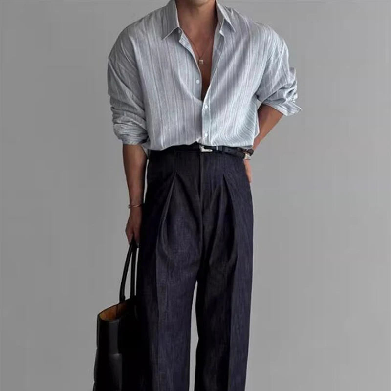 Cămașă cu dungi CN Guangdong, mânecă lungă, guler răsturnat - material de dimensiuni mari