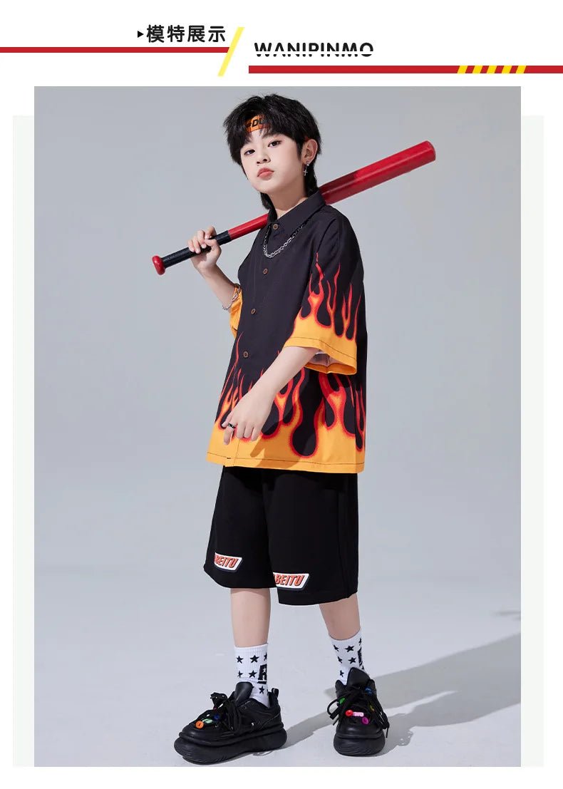 Jungen-Streetwear-Set 2025: Hip-Hop Flame-Design - Urban Dance Collection