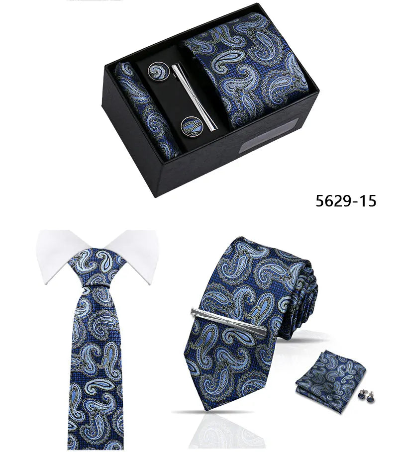 Elegant Men's Suit Necktie Gift Box Set Floral Tie Handchief Cufflinks Tie Clip 4-Piece Business Wedding Party Suit Accessories