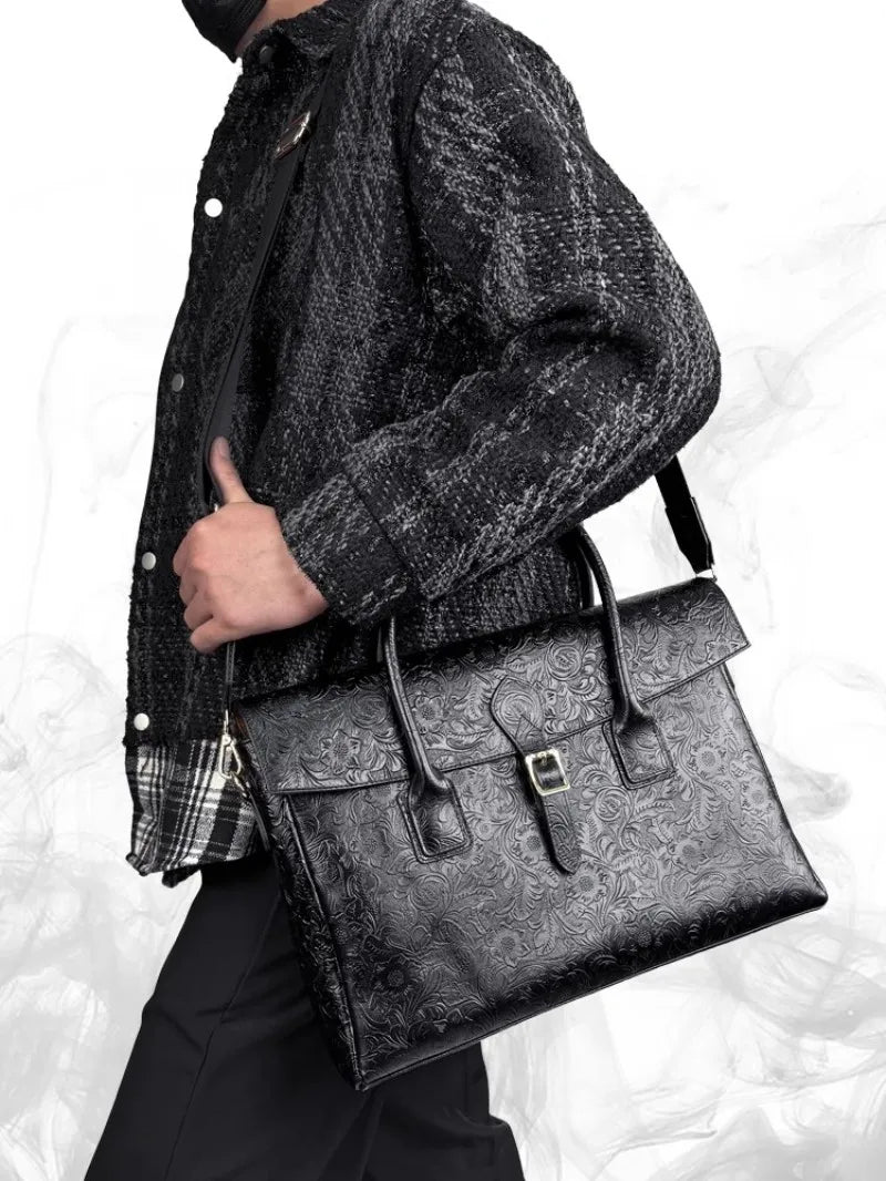 Vintage flower carved leather bag  single shoulder briefcase & business satchel