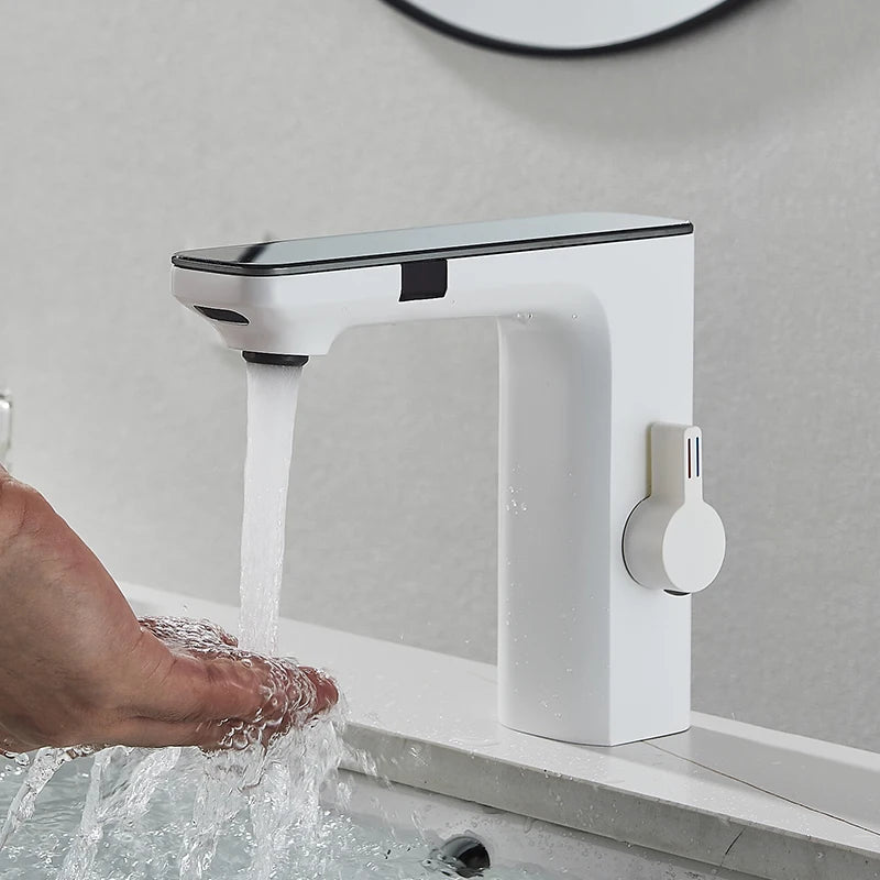 White Smart Daul Sensor Bathroom Basin Faucet Hot Cold Water Mixer Deck Mount  Bathroom Sink Faucet