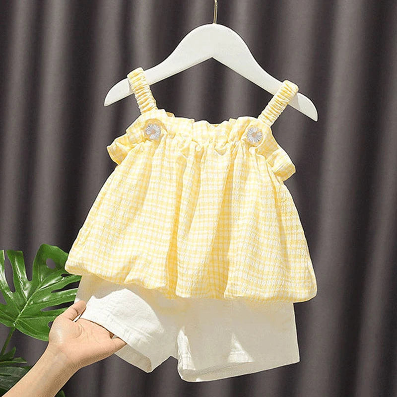 Girls Outfit Set 2022 Summer Clothing Sets Hollow Lace Suit Baby Casual Sleeveless T-shirt+Shorts Kids Clothes Sets Baby Clothes