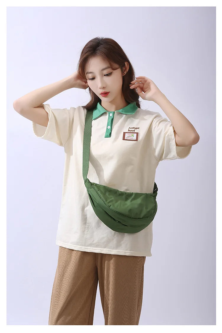 Solid Color Women's Portable Shoulder Bag Simple Female Nylon Cloth Padded Crossbody Bags Travel Purse Handbags Messenger Bag