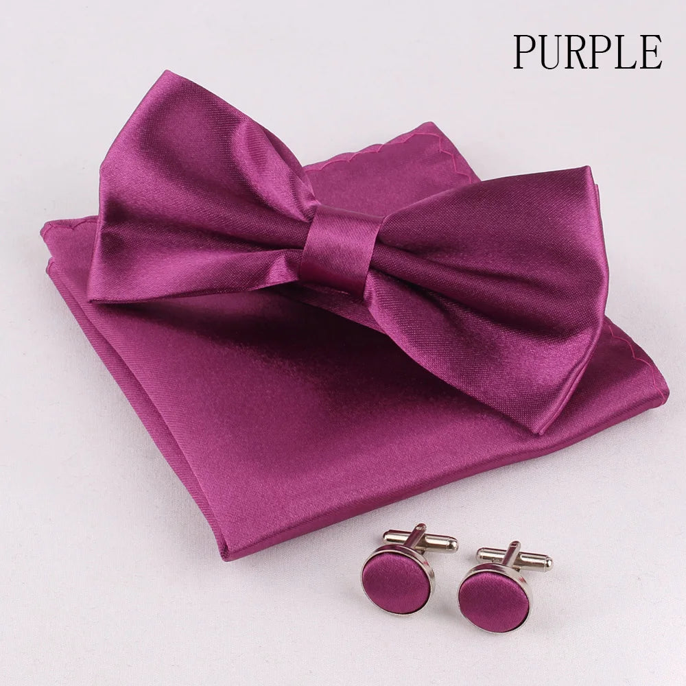 Solid Colors Polyester Adjustable Men's Accessory Set Elegant Pre-Tied Bow Tie Matching Pocket Square & Cufflinks for Wedding