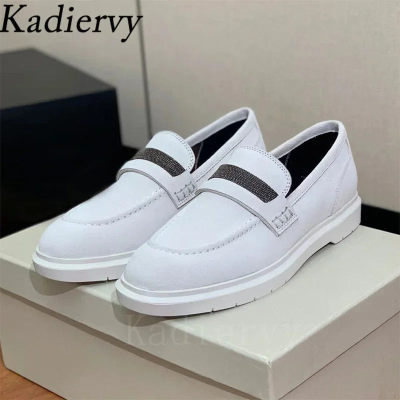 Luxus Damen Flache Schuhe 2025 - Wildleder Kette Perlen Runde Zehen - Slip-On Loafer Komfort Walking Schuhe