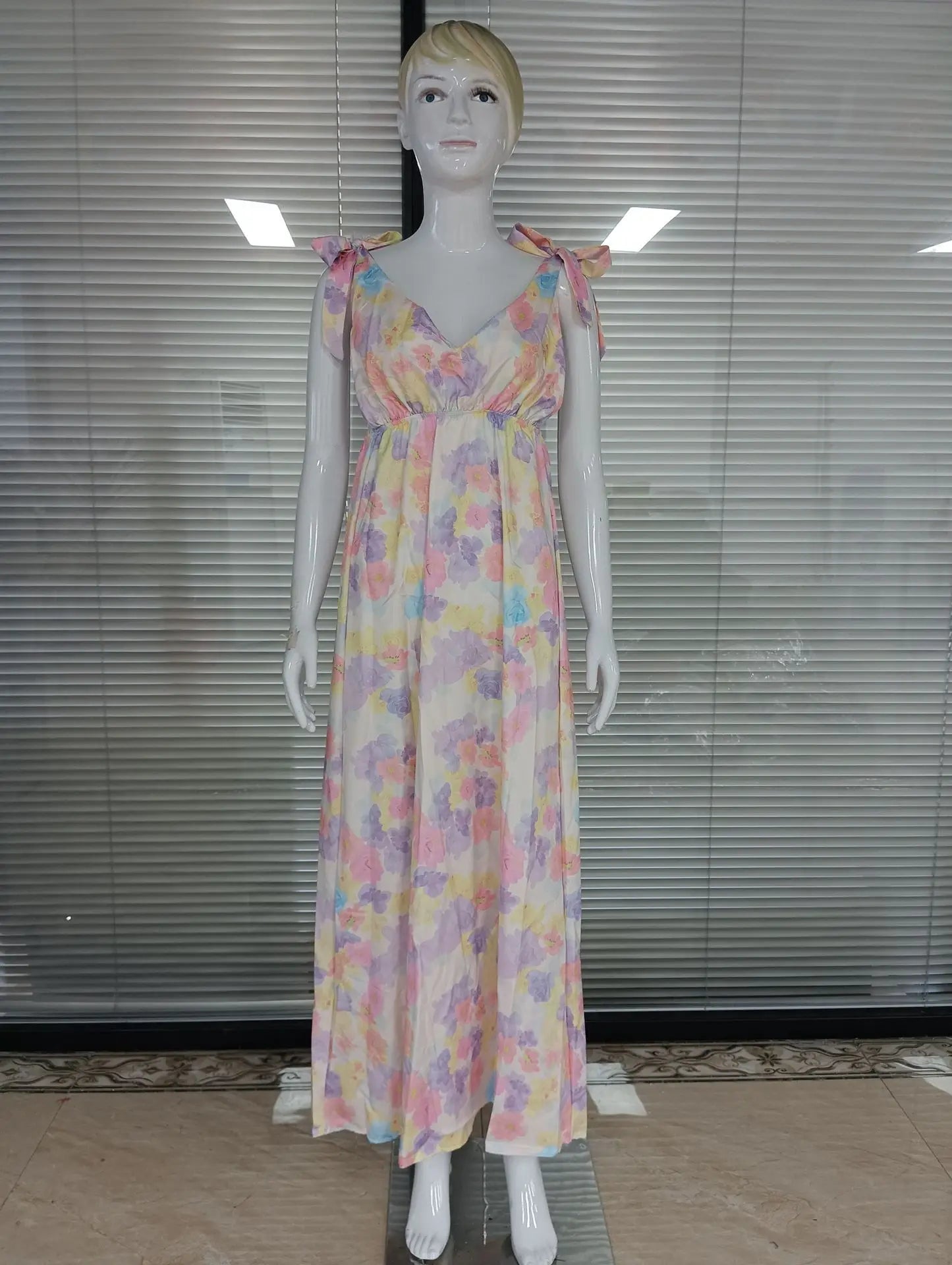 Backless women floral high waist large swing sleeveless long dresse