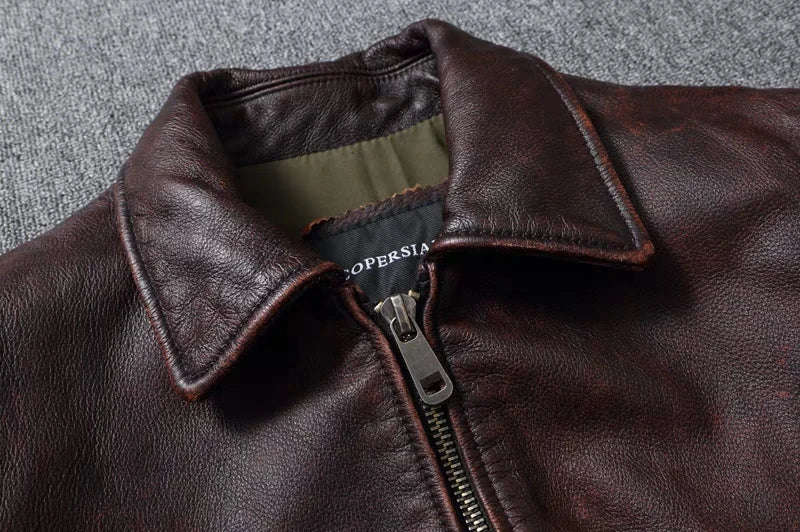 New Men's Genuine Leather Jacket Vintage Stone Milled Top Layer Cowhide Bomber Jacket A2 Brown Men's Calfskin Motorcycle Jacket