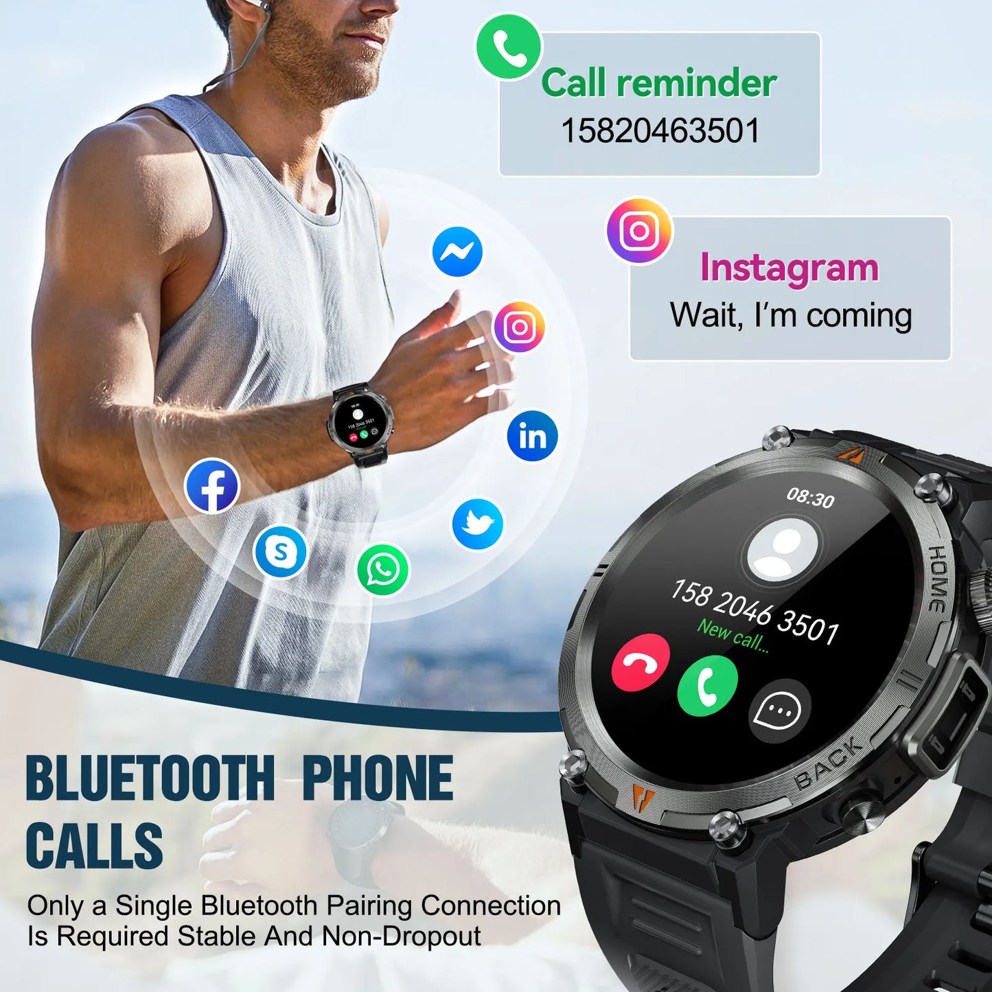 LaNikar 2025 KE3 Smartwatch - Bluetooth Anruf Herren Vollbild Touchscreen Gesundheitsmonitor Stahlring