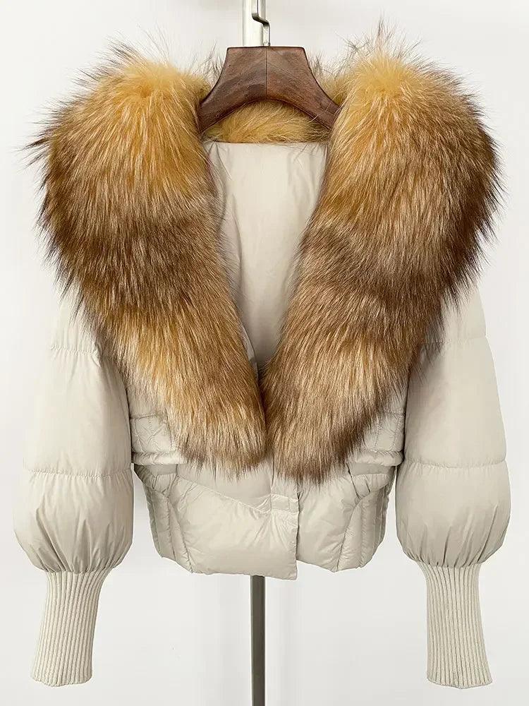 Winter girls jacket with real raccoon fox fur loose fit coat