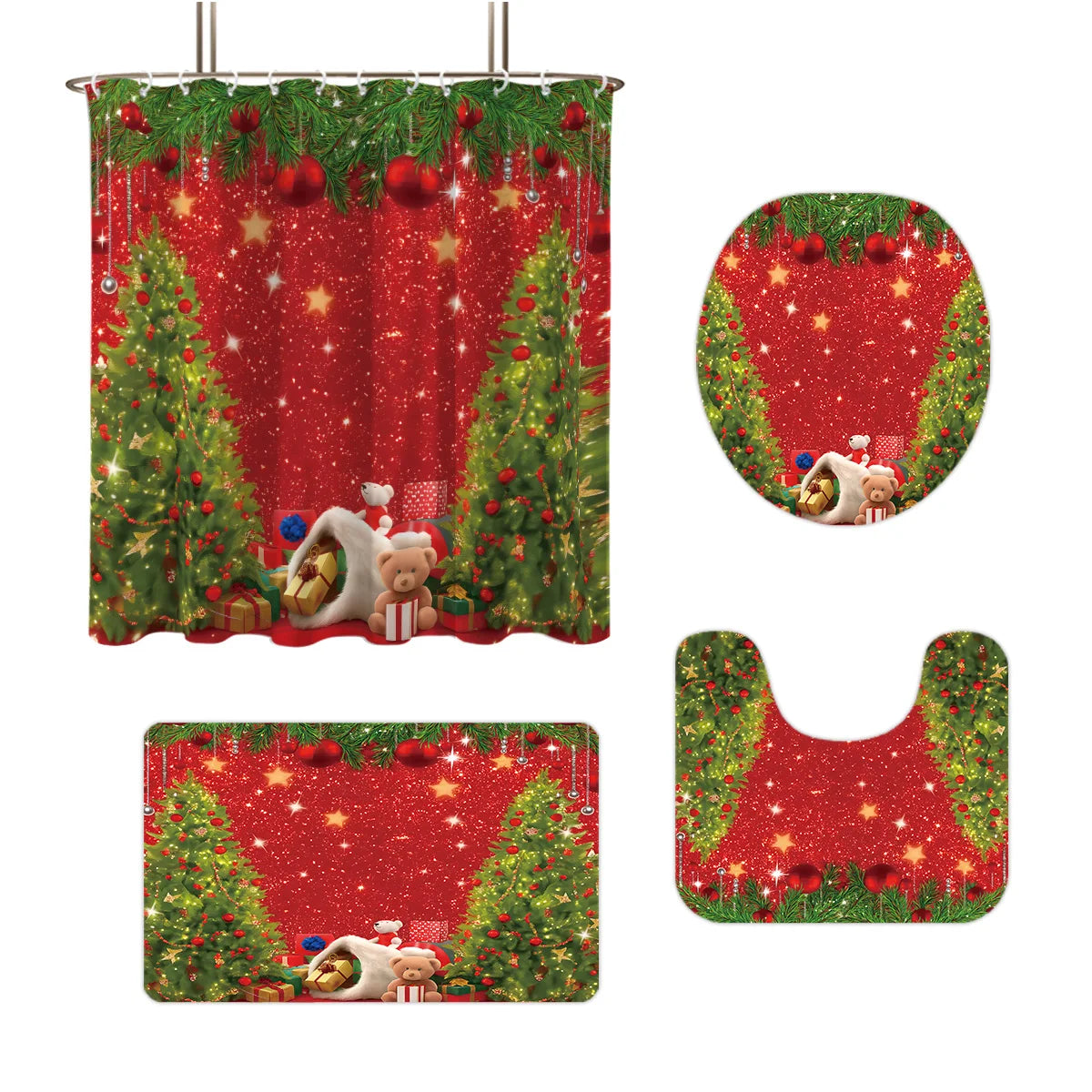 4pcs Merry Christmas Christmas Tree Printed Bathroom Set 180x180 Waterproof Shower Curtain, Floor Mat, U-shaped Mat, Toilet Mat