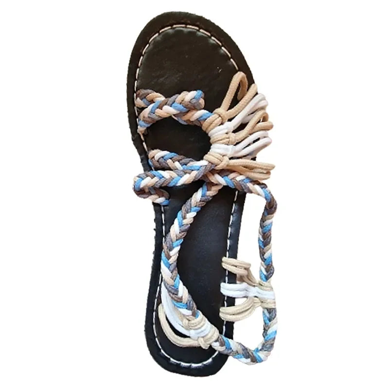 Women Summer Flip Flop Sandals Shoes Mixed Color Matching Rope Knot Beach Toe Roman Sandals Casual Comfortable Plus Size Shoes