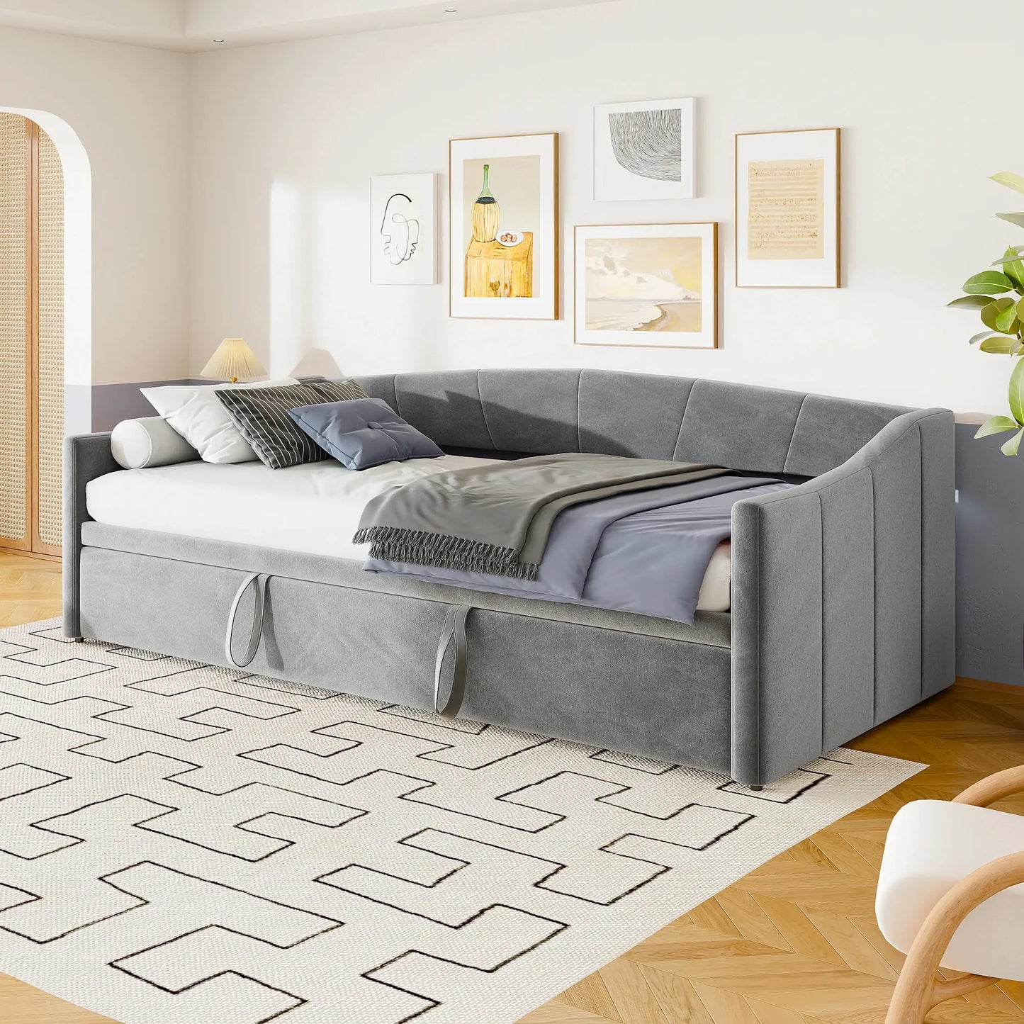 Schlafsofa Ausziehbar Mit Samtbezug Und Rückenlehne Grau