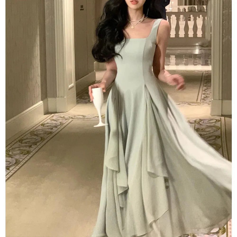 Elegant Dresses for Women Ruffles Sundress Evening Party Dress Sleeveless Square Collar A Line New Prom Robe Korean Vestidos