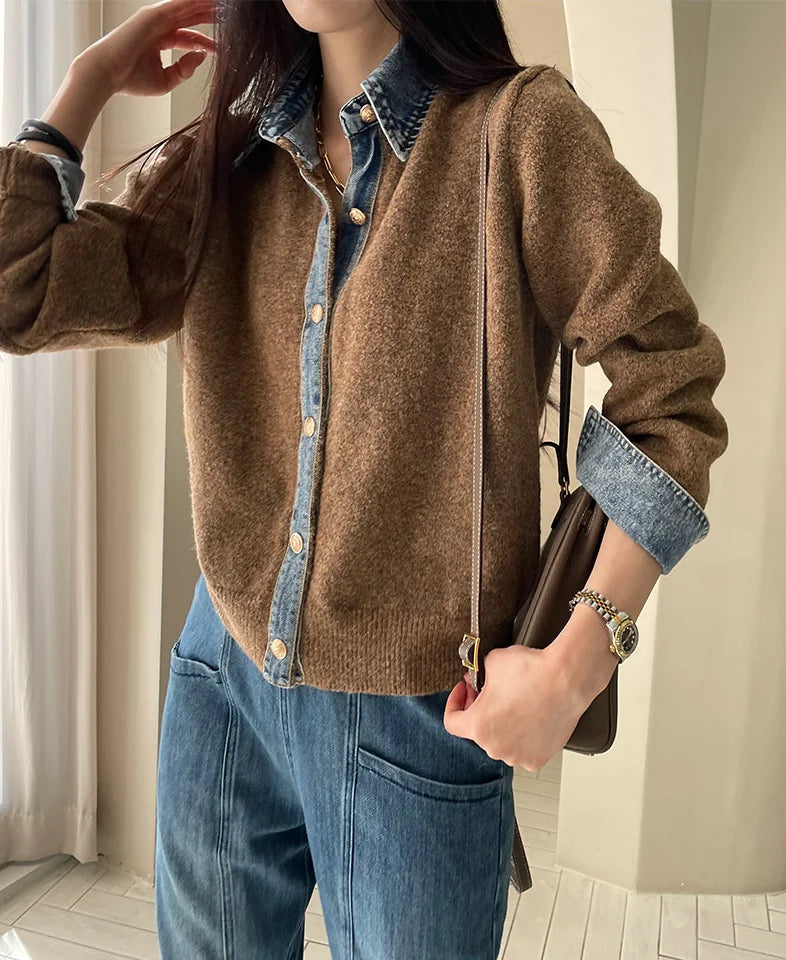 BigLargiCN Strickcardigan Herbst Denim Patchwork Damen Korean Stil - Gewicht 120–220 g/m² Länge Regular Lockere Passform