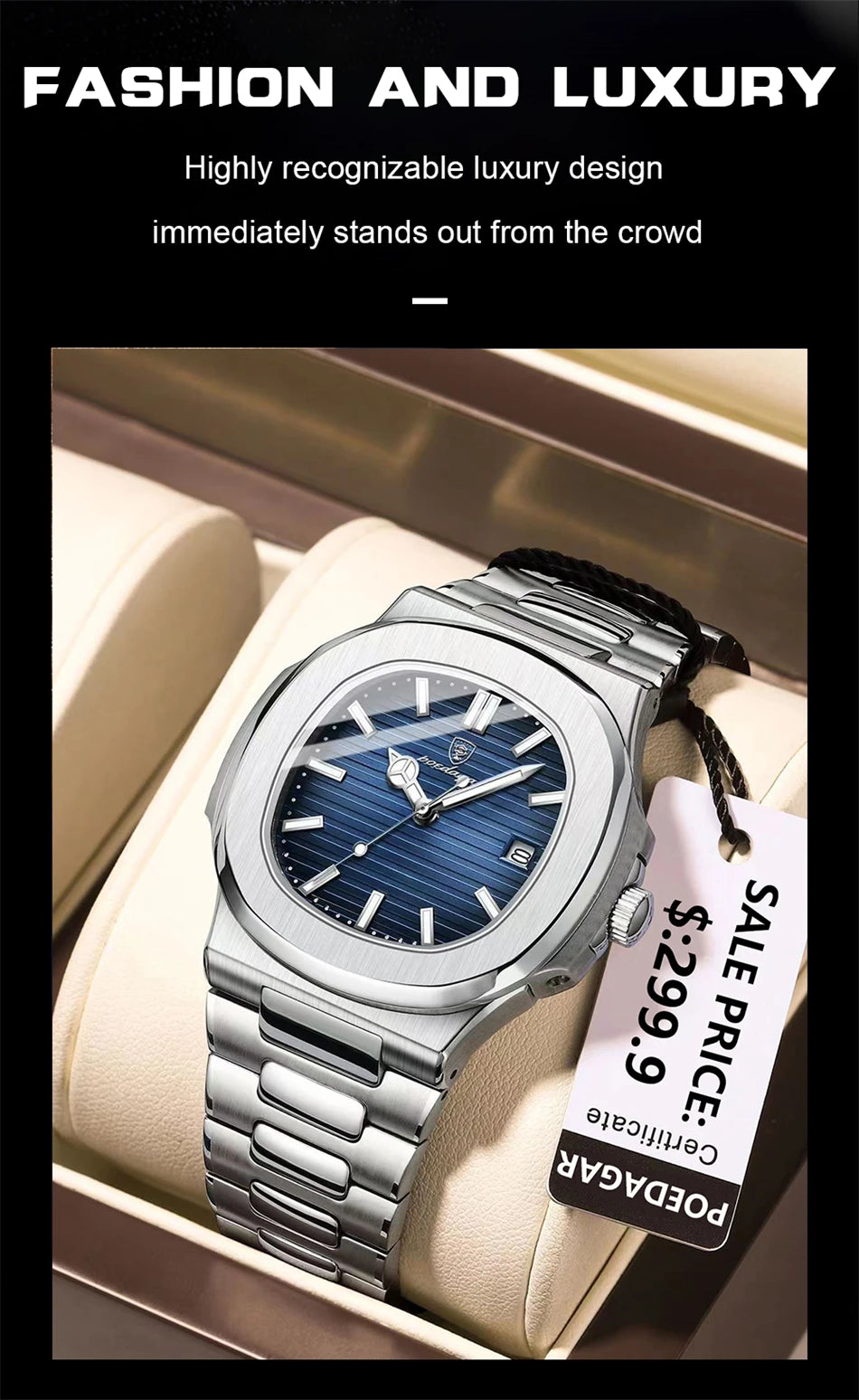 POEDAGAR Luxury Watch 2024 New Business Waterproof Male Clock Luminous Date Stainless Steel Square Quartz Men Watch reloj hombre