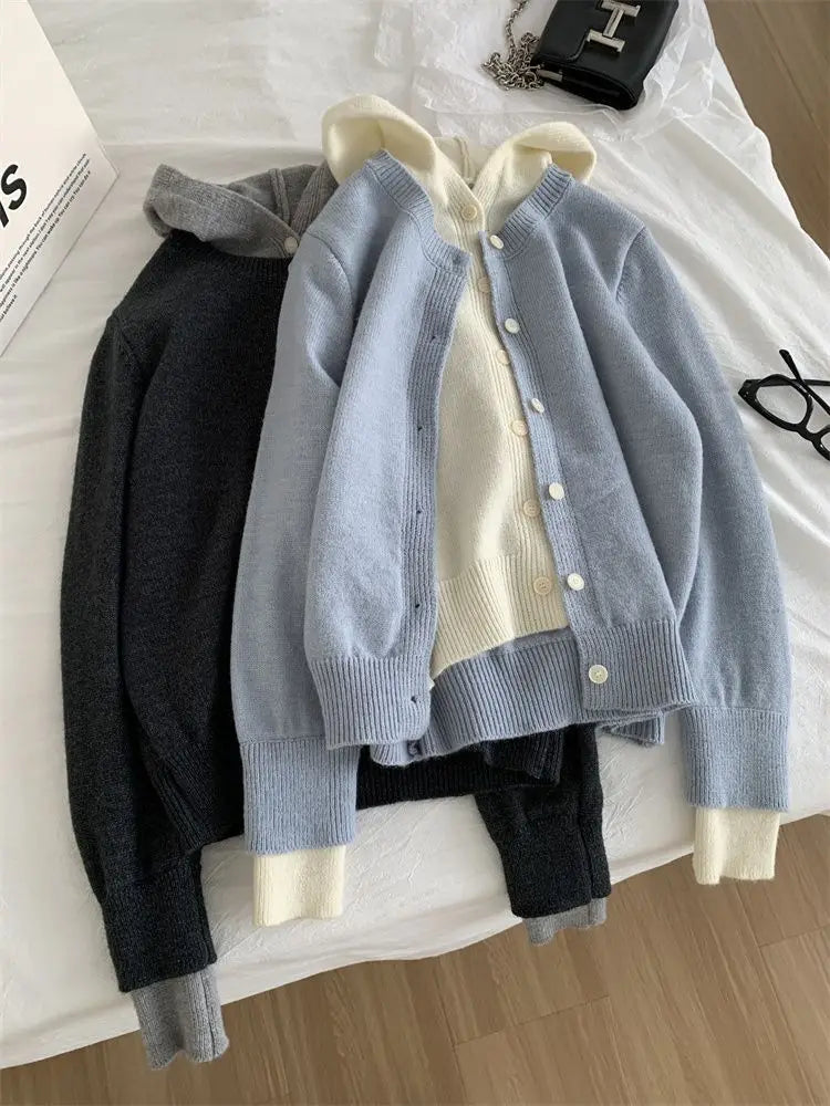 Pateekate Koreanischer Stil Kapuzen Strickcardigan - Größe M, Material Polyester/Viskose/Spandex, Lockere Passform