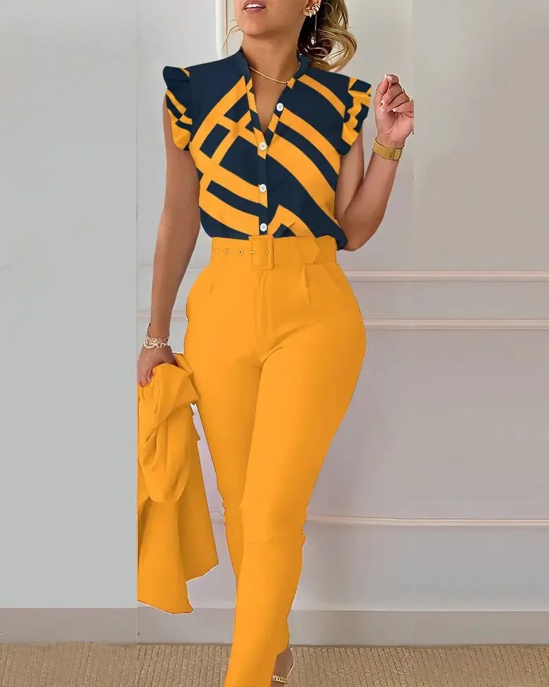Elegant Women Two Piece Set Suits New Fashion Printed Ruffle Sleeve Top Solid Color Pants Set With Belt  Blouses Female Clothing