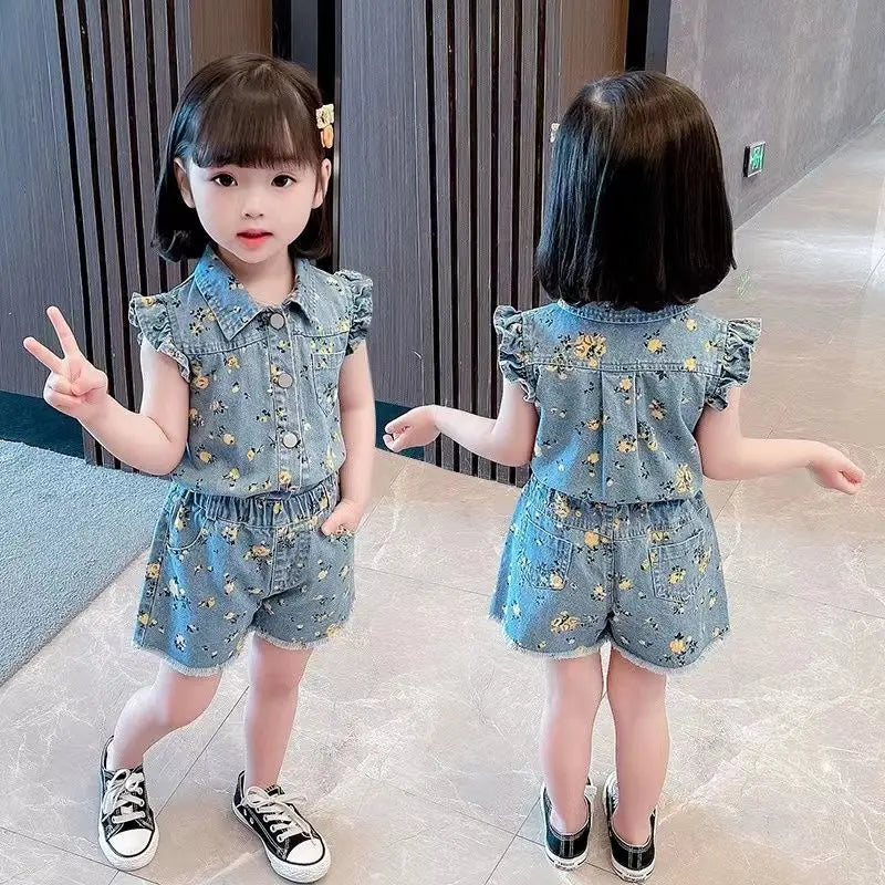 Children's Clothing Sets Floral Print Lace Sleeveless Top + Shorts 2pcs Sets  Baby Girl Outfit Set Kids Clothes for Girls