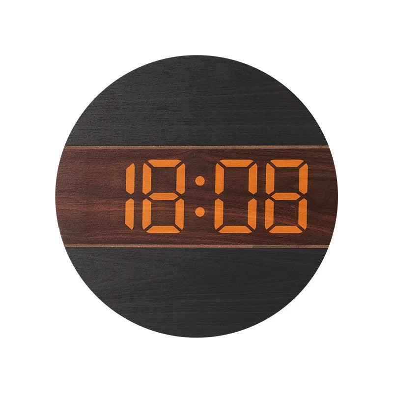 LED Digital Wall Clock Wooden Large Round Screen Automatic Brightness Adjustment 12/24H Hanging Clock Home Living Room Decor