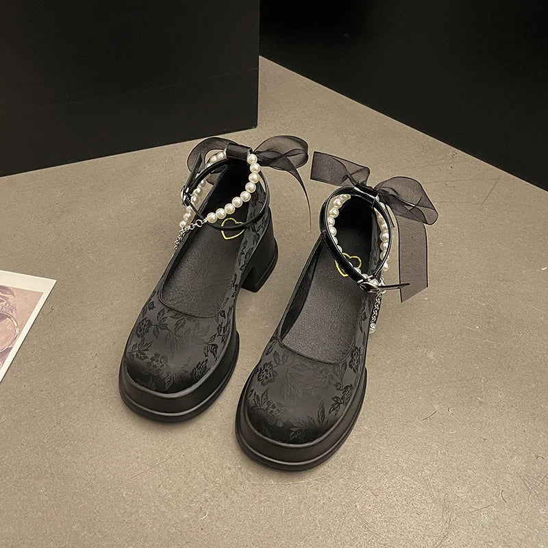 Frühling Damen Dicke Platform Mary Janes 2025 - Lolita Schuhe Sommer - Schleife Kette Party Pumps Oxford Schuhe