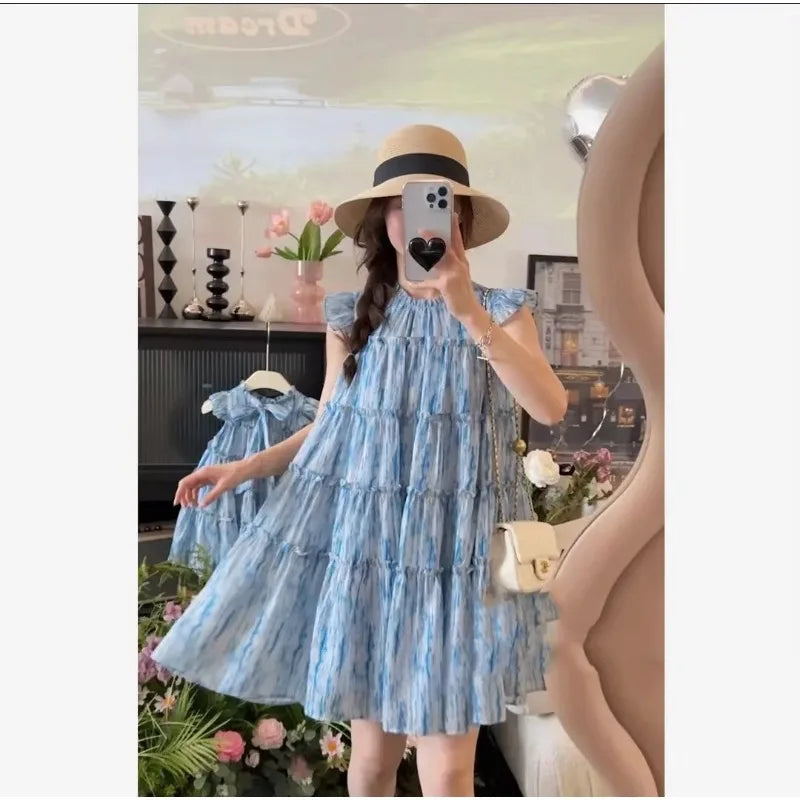 Neue Sommer Familie Matching Outfits Flare Ärmel Runder Kragen/Schulterlos Knielang Süß Kleid Für Tochter Mutter H6159