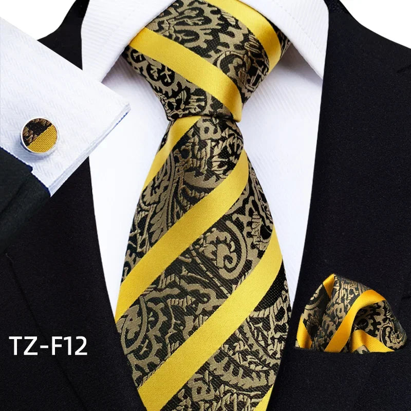 Luxury Mens Ties Floral Black Gold Ties Paisley Grid NeckTie Pocket Square Cufflinks Set Men's Wedding Party Tie