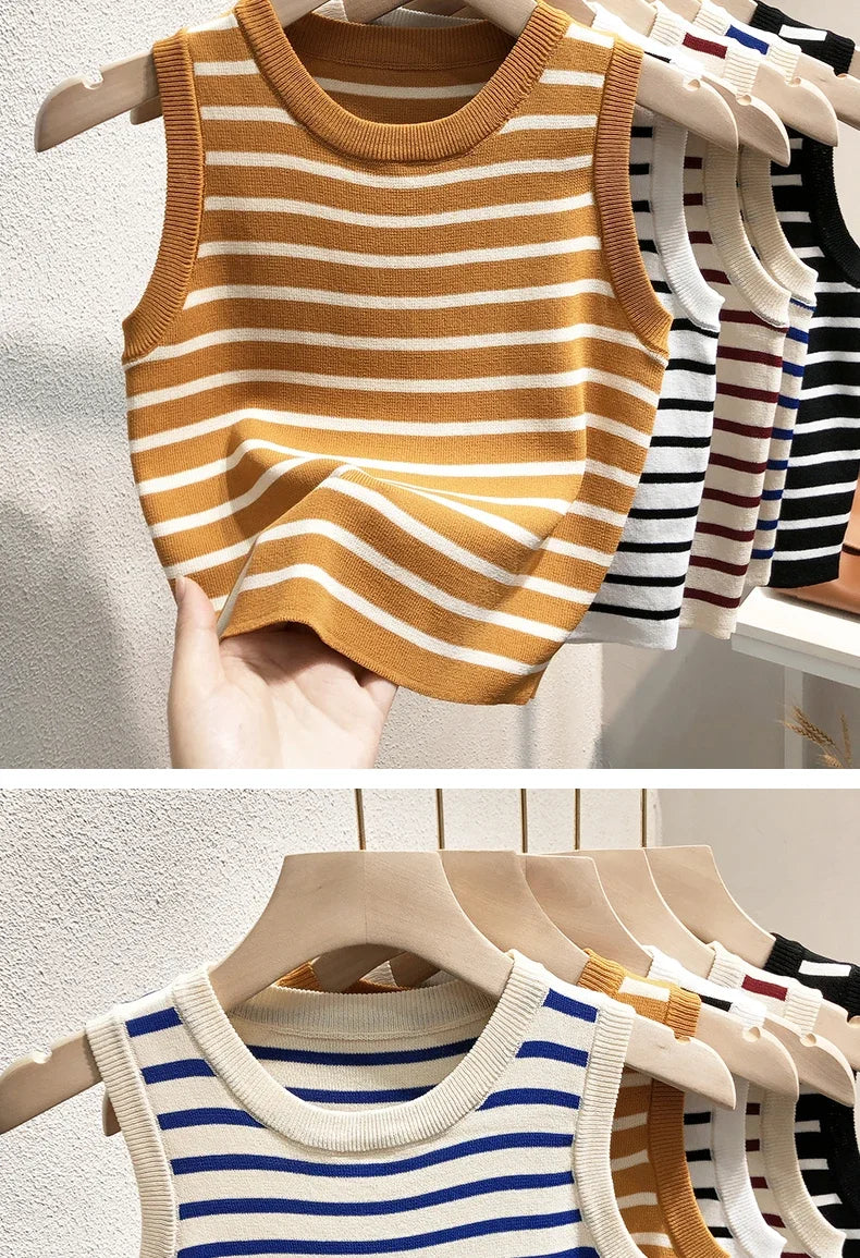 Vara primăvară dungi tanc topuri femei fără mâneci tricotate tricouri crop topuri femei elastice Slim casual veste pulover camis