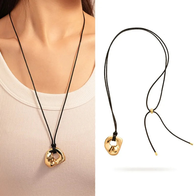 Colier cu pandantiv cerc geometric placat cu aur pentru femei și fete, reglabil, lung, din piele, frânghie, coliere, lanț de pulover, bijuterii