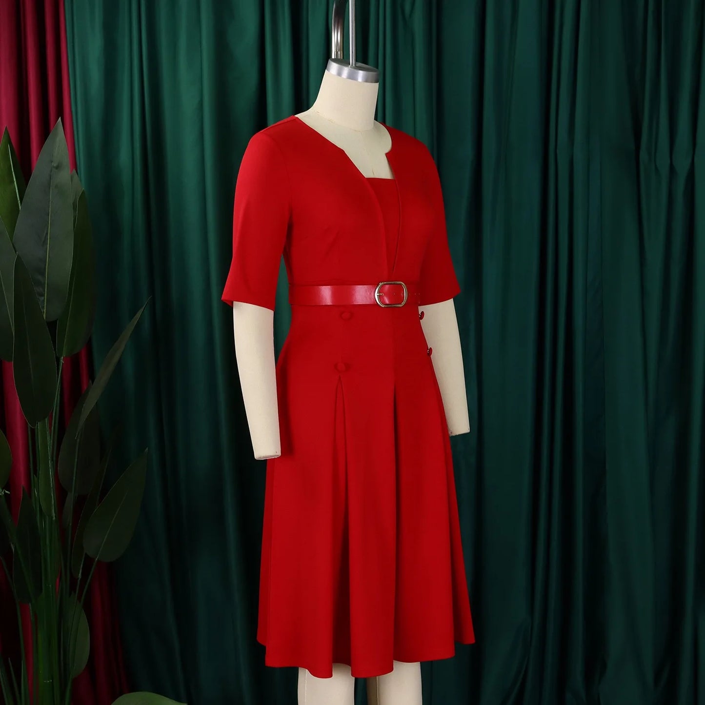 Elegante Kleider Für Frauen 2025 Neu V-Ausschnitt Halbe Ärmel Gürtel Taille Plissiert Midi Mode Weiblich Bescheiden Business Arbeit Kleider OL