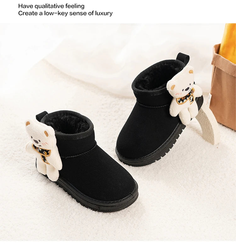 Kinder-Schneestiefel mit niedlichen Bären, Kinder-Stiefeletten, vielseitige Mode, 2025, Winter, neue warme Stiefel für Jungen und Mädchen, dickes Fell, rutschfest