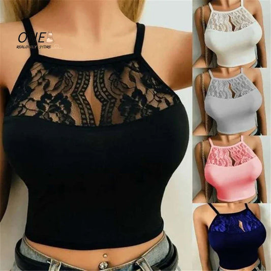 MOONBIFFY Crop Top 2025 - Spitzen Crop Top mit Spaghetti-Trägern & Blumenmuster