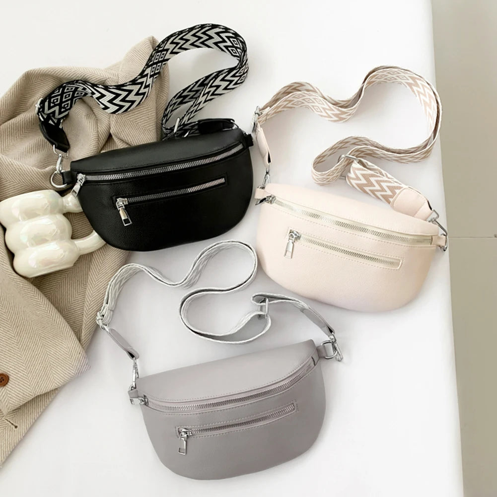 Women Stylish Crossbody Bag with Wide Strap Retro Fanny Pack PU Leather Simple Shoulder Bag Travel Outdoor Bag