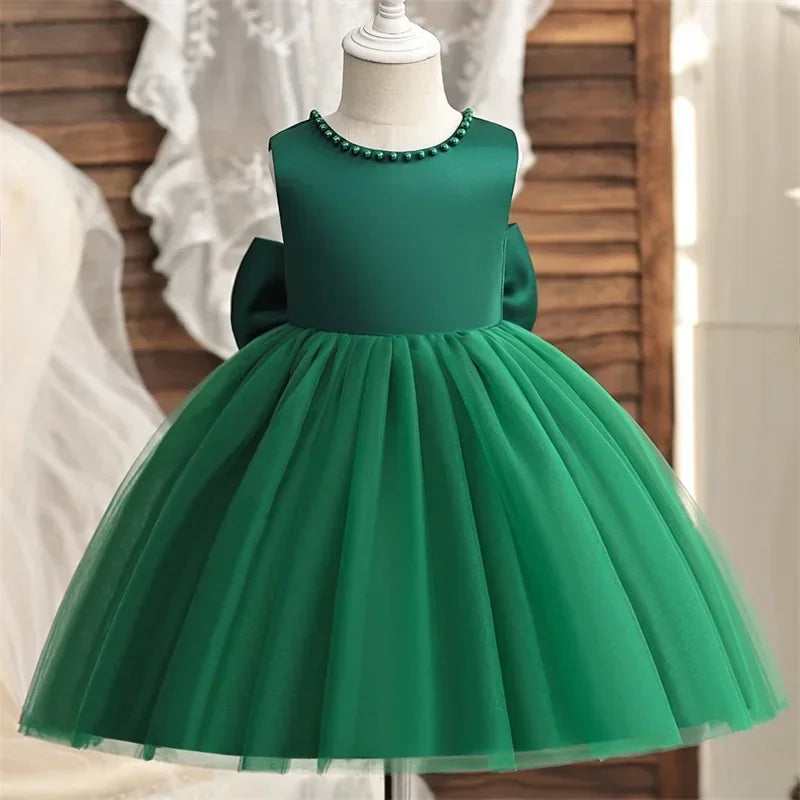 Baby Mädchen Kleid Große Schleife Perlen Rückenfrei 1. Geburtstag Party Kleid Säugling Mädchen Prinzessin Hochzeit Tüll Kleid Taufe Kleid 1-5J