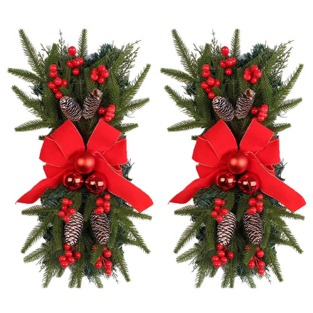 2 Stück Weihnachts-Swag mit roter Schleife, 45,7 cm, zum Aufhängen, Weihnachts-Tropfen-Swag, künstlicher Weihnachtskranz für Treppen- und Haustür-Dekoration