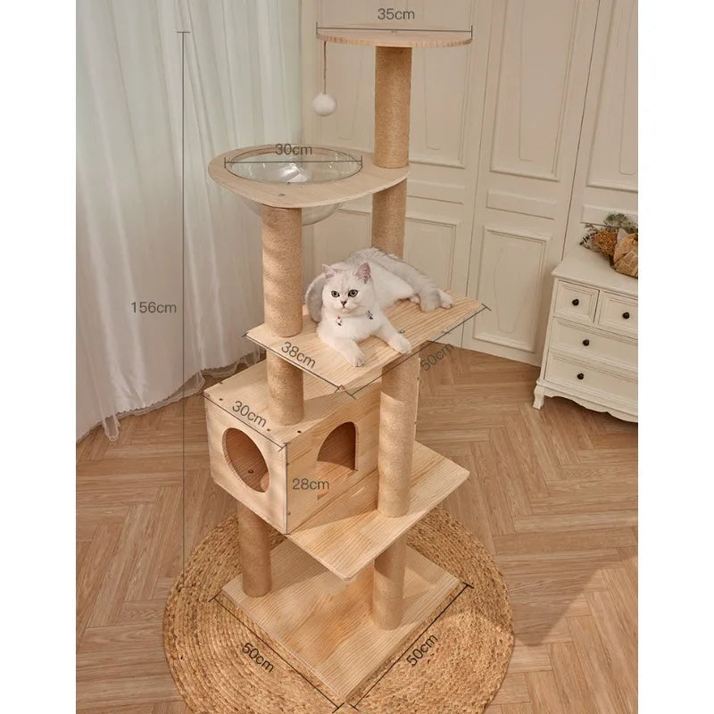 Massivholz Säule Multi-schicht Katzen Klettergerüst, Multifunktional Haustier Große Katzen Villa Mehrstöckig Katzen Baumhaus Klettern Spielzeug