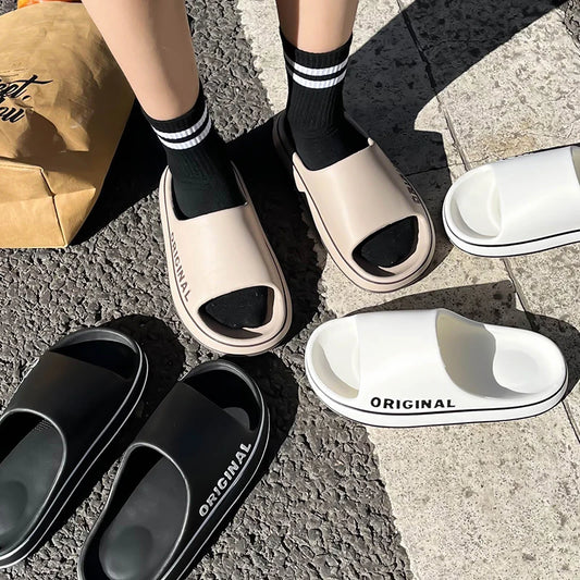 Feslishoet Frauen Buchstaben Hausschuhe Strand Slides Solid Farbe Herren Dick Sohle Innen Badezimmer Anti Rutsch Schuhe Sommer Paar Sandalen