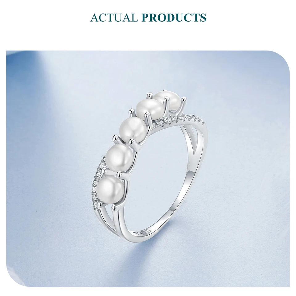 BISAER 925 Sterling Silver Pearl Ring Double Layer White Gold Zircon For Elegant Women Wedding Engagement Original Fine Jewelry